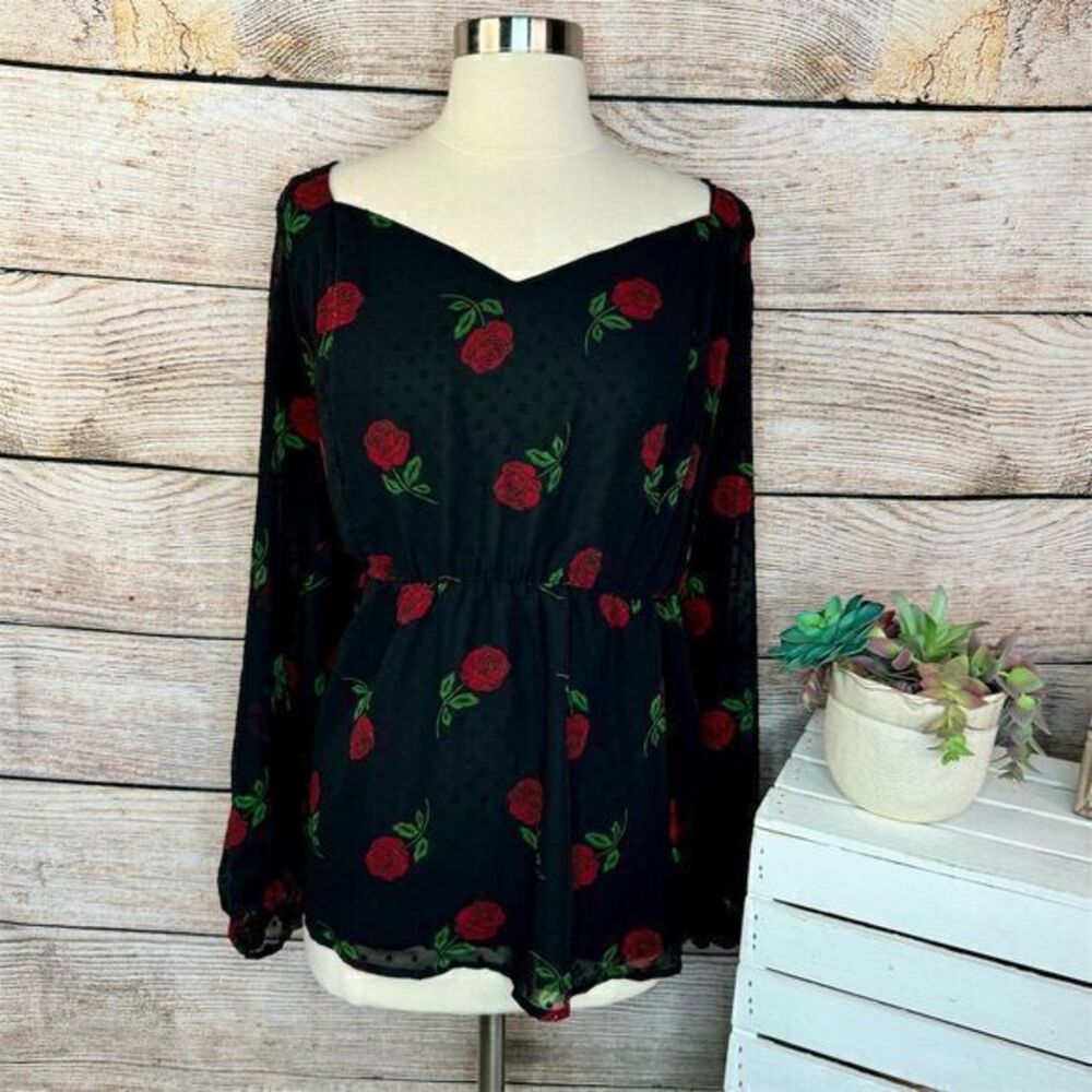 Torrid Women's 4X‎ Peplum Chiffon Puff Sleeve Top Black Floral